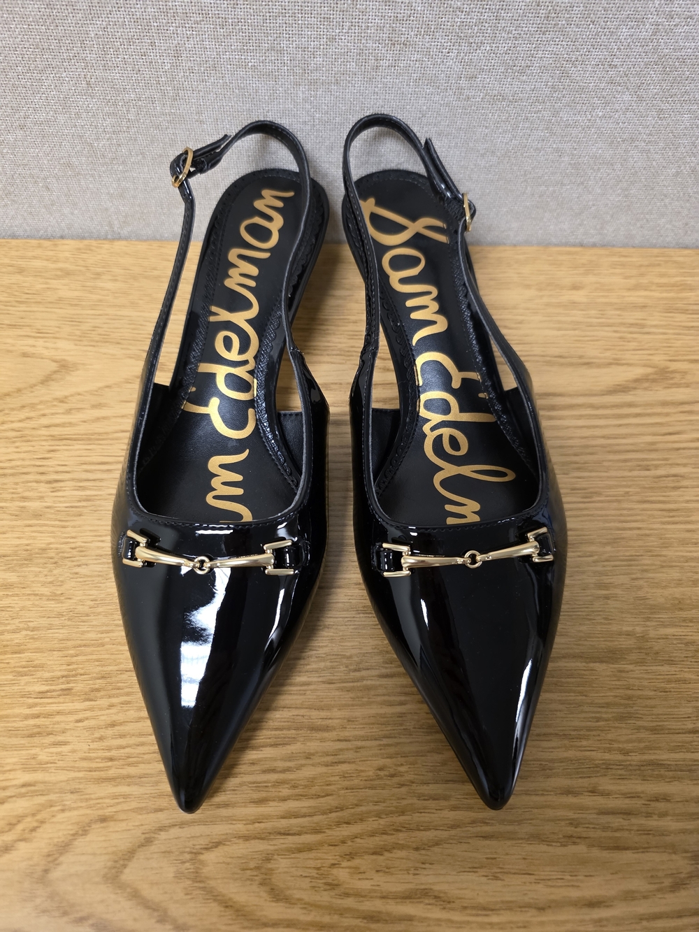 Sam Edelman Black Patent Pointed Toe Slingback Kitten Heels with Gold Accent